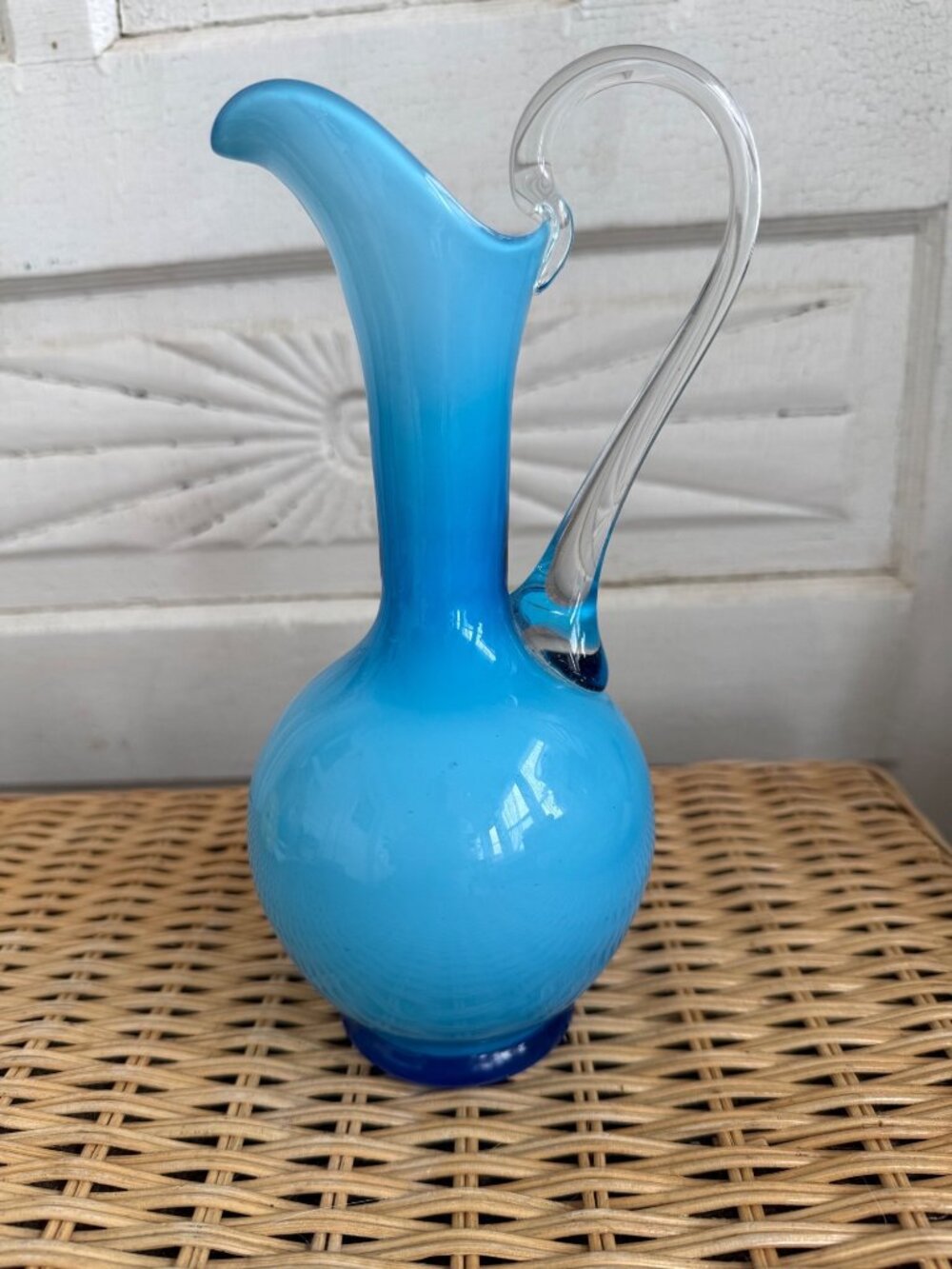 Vintage MCM Empoli Blue/White Encased Art Glass Pitcher Ewer Vase